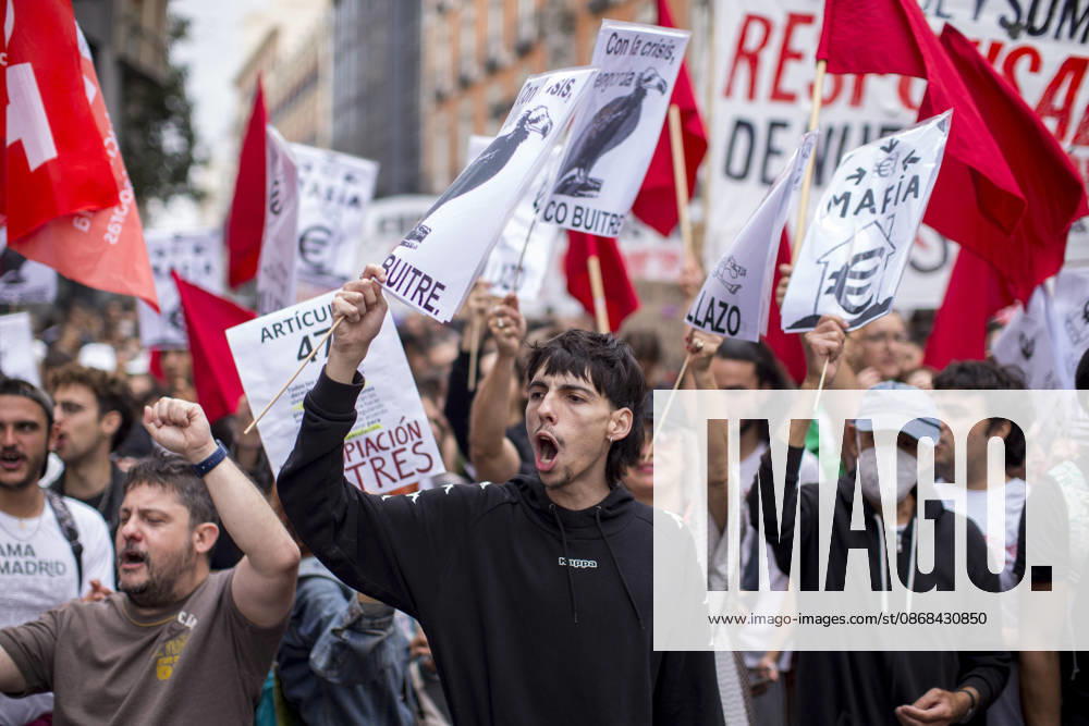 Protesters shout and hold signs during a demonstration in front of the Congress of Deputies in Madrid, demanding the approval of measures to address the housing and rental crisis in Spain. The demonstration was organized by protesters camping in Puerta del Sol in central Madrid. Madrid Spain - ZUMAs197 20261002_aaa_s197_070