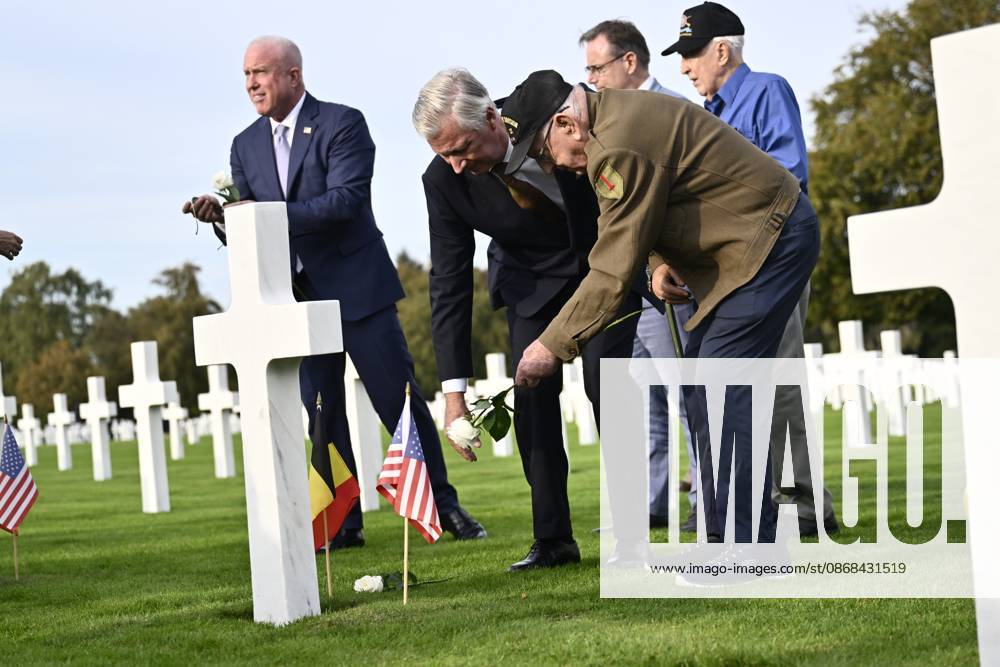 US ambassador to Belgium Bill White; King Philippe - Filip of Belgium and Prime Minister Bart De Wever are pictured with war veterans during a royal visit to the World War II Commemoration at the American Military Cemetery in Henri-Chapelle, Plombieres, on Friday 2 October 2026. The ceremony pays tribute to the American veterans in attendance and to their fallen comrades-in-arms. It features testimonials, musical performances, and prayers, as well as a wreath-laying ceremony, a salute, and a flyover by U.S. aircraft. ERICxLALMAND 188545779