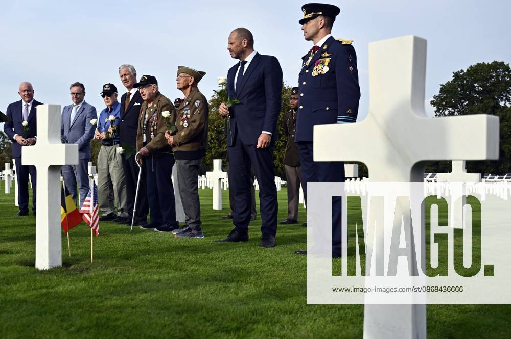 US ambassador to Belgium Bill White; Prime Minister Bart De Wever; King Philippe - Filip of Belgium and Minister of Defence and Foreign Trade Theo Francken pictured during a royal visit to the World War II Commemoration at the American Military Cemetery in Henri-Chapelle, Plombieres, on Friday 2 October 2026. The ceremony pays tribute to the American veterans in attendance and to their fallen comrades-in-arms. It features testimonials, musical performances, and prayers, as well as a wreath-laying ceremony, a salute, and a flyover by U.S. aircraft. ERICxLALMAND 188556003