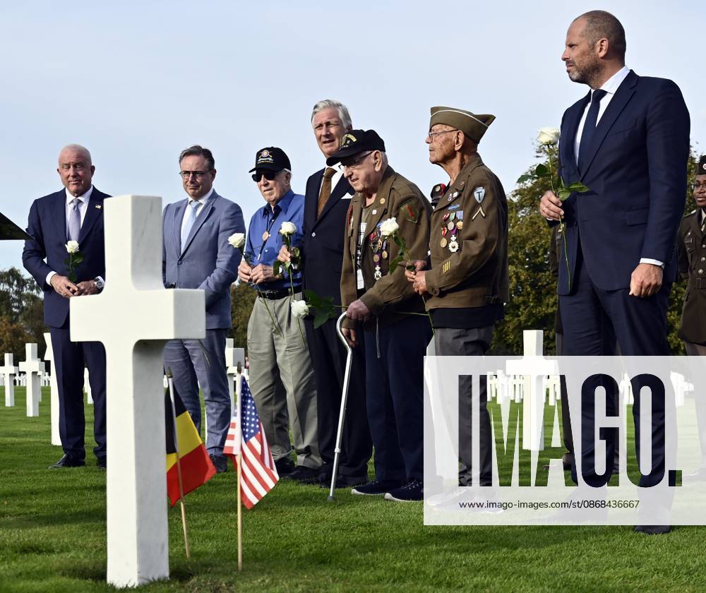 US ambassador to Belgium Bill White; Prime Minister Bart De Wever; King Philippe - Filip of Belgium and Minister of Defence and Foreign Trade Theo Francken pictured during a royal visit to the World War II Commemoration at the American Military Cemetery in Henri-Chapelle, Plombieres, on Friday 2 October 2026. The ceremony pays tribute to the American veterans in attendance and to their fallen comrades-in-arms. It features testimonials, musical performances, and prayers, as well as a wreath-laying ceremony, a salute, and a flyover by U.S. aircraft. ERICxLALMAND 188556005