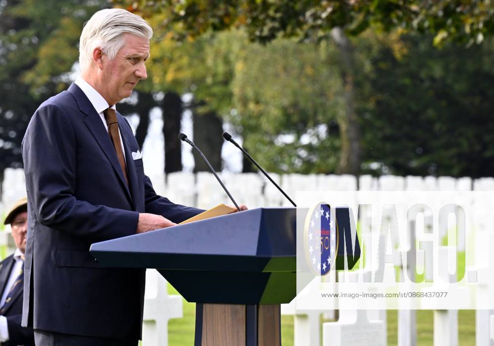 King Philippe - Filip of Belgium pictured during a royal visit to the World War II Commemoration at the American Military Cemetery in Henri-Chapelle, Plombieres, on Friday 2 October 2026. The ceremony pays tribute to the American veterans in attendance and to their fallen comrades-in-arms. It features testimonials, musical performances, and prayers, as well as a wreath-laying ceremony, a salute, and a flyover by U.S. aircraft. ERICxLALMAND 188556048