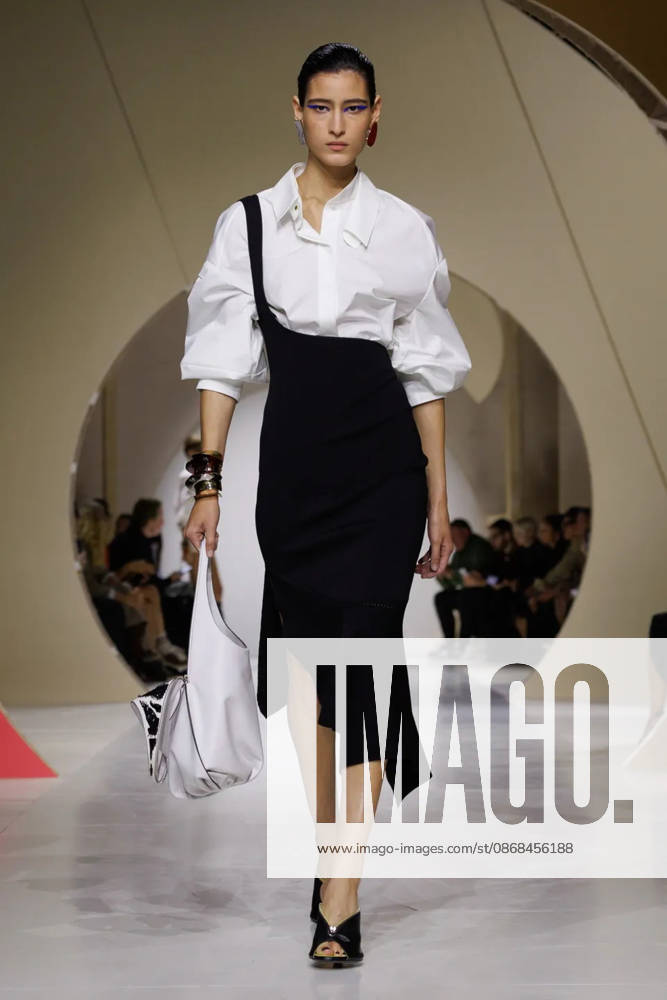 (261003) -- PARIS, Oct. 3, 2026 -- A model presents a creation from the Womenswear Spring Summer 2027 collections by Givenchy during the Paris Fashion Week in Paris, France, Oct. 2, 2026. ( Handout via Xinhua) FRANCE-PARIS-FASHION WEEK-GIVENCHY MeetEurope