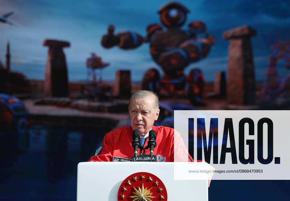 Turkish President Erdogan visits the TEKNOFEST Southeast in Sanliurfa SANLIURFA, TURKIYE - OCTOBER 03: (---- - MANDATORY CREDIT - TURKISH PRESIDENCY MUSTAFA KAMACI HANDOUT - NO MARKETING NO ADVERTISING CAMPAIGNS - DISTRIBUTED AS A SERVICE TO CLIENTS----) Turkish President Recep Tayyip Erdogan delivers a speech during his visit to the Aerospace, Space and Technology Festival (TEKNOFEST) Southeast at Sanliurfa GAP Airport in Sanliurfa, Turkiye on October 3, 2026. Turkish Presidency Mustafa Kamaci Handout Anadolu Sanliurfa Turkey. Editorial use only. Please get in touch for any other usage.