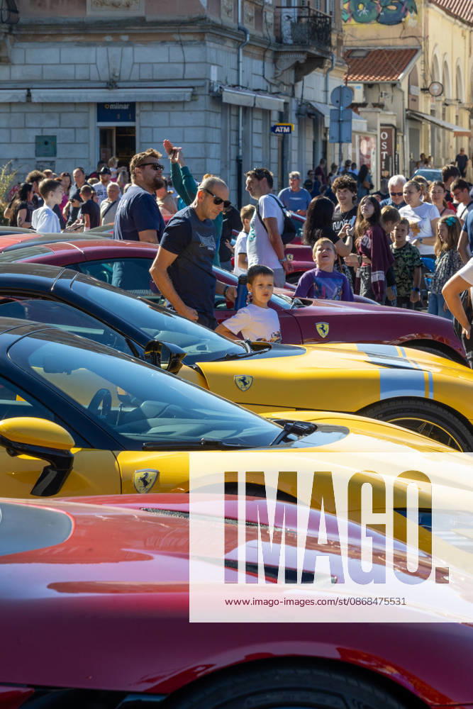 Ferrari Tour stops in Pula Luxury Ferrari sports cars taking part in a Ferrari Tour organized by Ineco Auto, are seen in front of the Roman Arena in Pula, Croatia, on October 3, 2026. While the drivers visit the ancient amphitheatre, local residents gather to watch and admire the vehicles. SreckoxNiketic PIXSELL