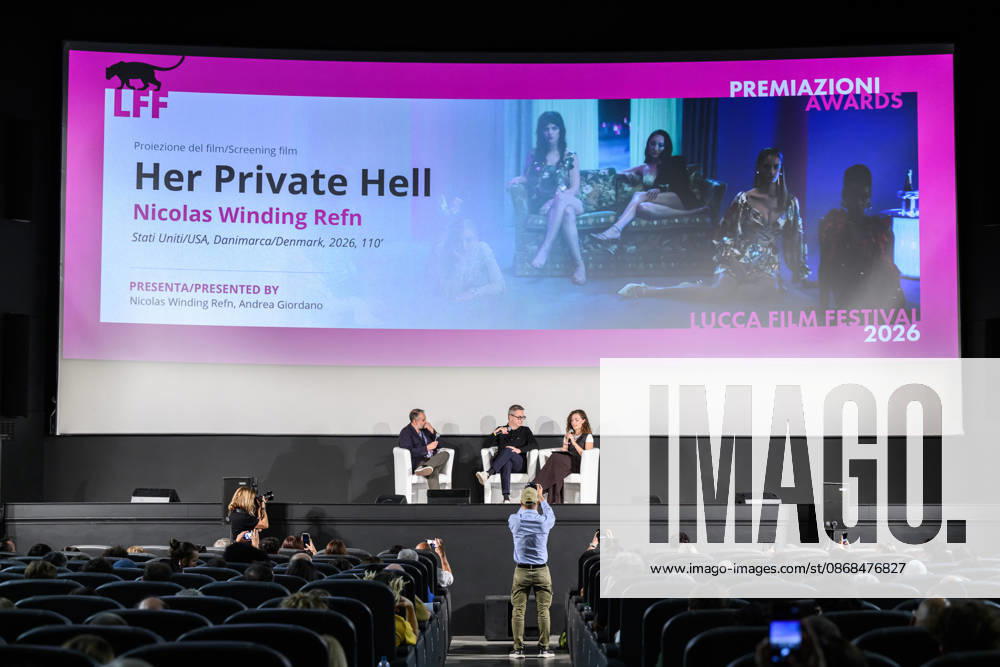 Andrea Giordano, director Nicolas Winding Refn, and the actor during the discussion before the preview of the film Her Private Hell, Lucca, October 3, 2026. Lucca Italy - ZUMAa289 20261003_zia_a289_262