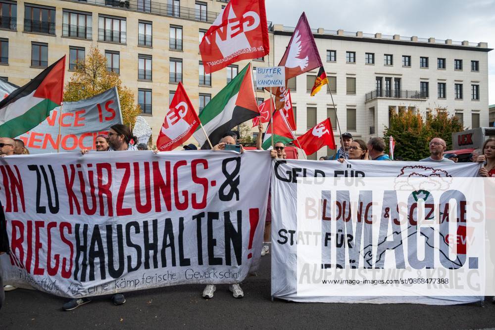 Palestinian and Pro-Palestinian Bloc at Berlin Peace Demonstration BERLIN, GERMANY OCTOBER 3, 2026: Thousands of people took part in a peace demonstration in central Berlin on German Unity Day. A coalition of peace initiatives, trade unions, and political and civil-society groups organized the protest. The demonstrators focused on military rearmament, the possible reintroduction of conscription, and Germanys military policy. The march began at the Brandenburg Gate and continued through the government district before concluding with a rally. The demonstration brought together participants expressing opposition to Germanys current and proposed military policies on a national public holiday. Berlin Germany