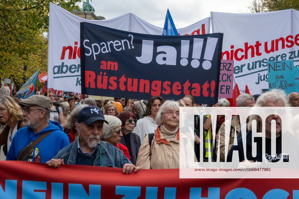 BERLIN, GERMANY †OCTOBER 3, 2026: Thousands of people took part in a peace demonstration in central Berlin on German Unity Day. A coalition of peace initiatives, trade unions, and political and civil-society groups organized the protest. The demonstrators focused on military rearmament, the possible reintroduction of conscription, and Germanyâ€⠢s military policy. The march began at the Brandenburg Gate and continued through the government district before concluding with a rally. The demonstration brought together participants expressing opposition to Germanyâ€⠢s current and proposed military policies on a national public holiday. Berlin Germany - ZUMAq101 20261003_zna_q101_111