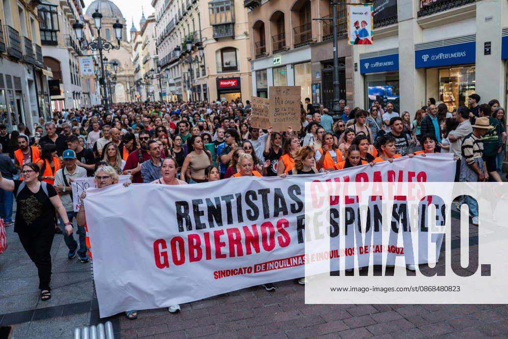 People take part in a demonstration in Zaragoza, Spain, on October 3, 2026, calling for access to affordable housing and defending the right to decent housing. The march, organized by the Zaragoza Tenants Union, began at Santo Domingo Square and moved through the city center before ending at Pilar Square. Demonstrators carried banners and placards and chanted slogans about housing affordability, rents and evictions Zaragoza Spain