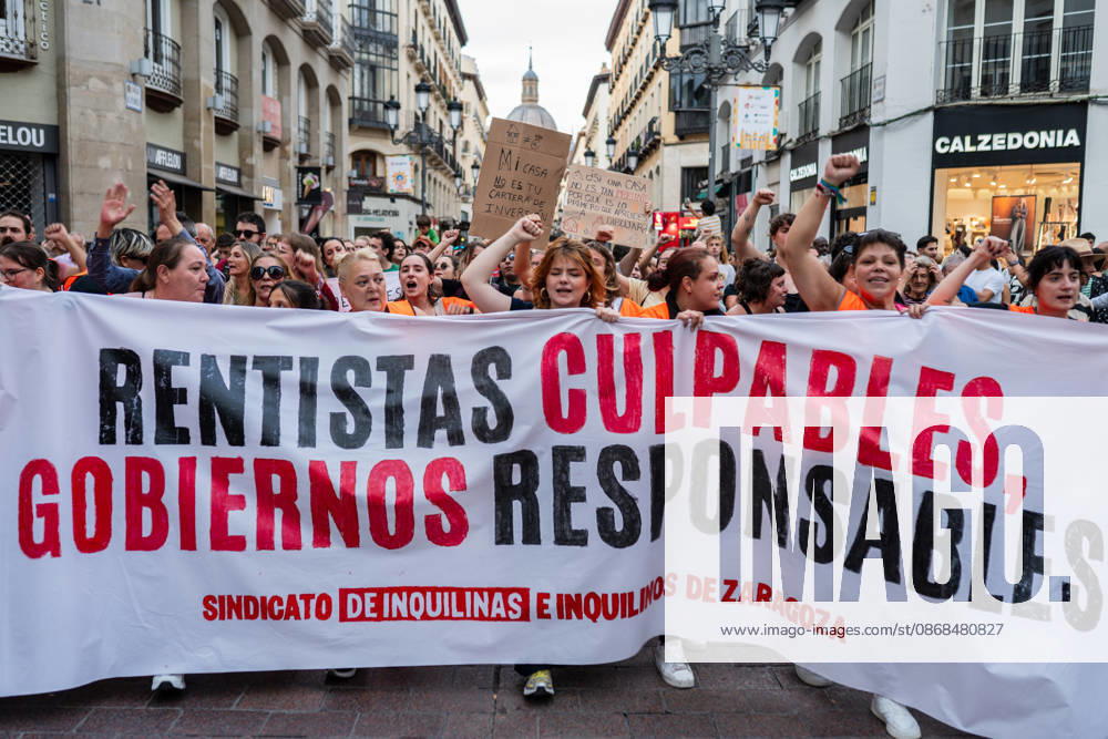 People take part in a demonstration in Zaragoza, Spain, on October 3, 2026, calling for access to affordable housing and defending the right to decent housing. The march, organized by the Zaragoza Tenants Union, began at Santo Domingo Square and moved through the city center before ending at Pilar Square. Demonstrators carried banners and placards and chanted slogans about housing affordability, rents and evictions Zaragoza Spain