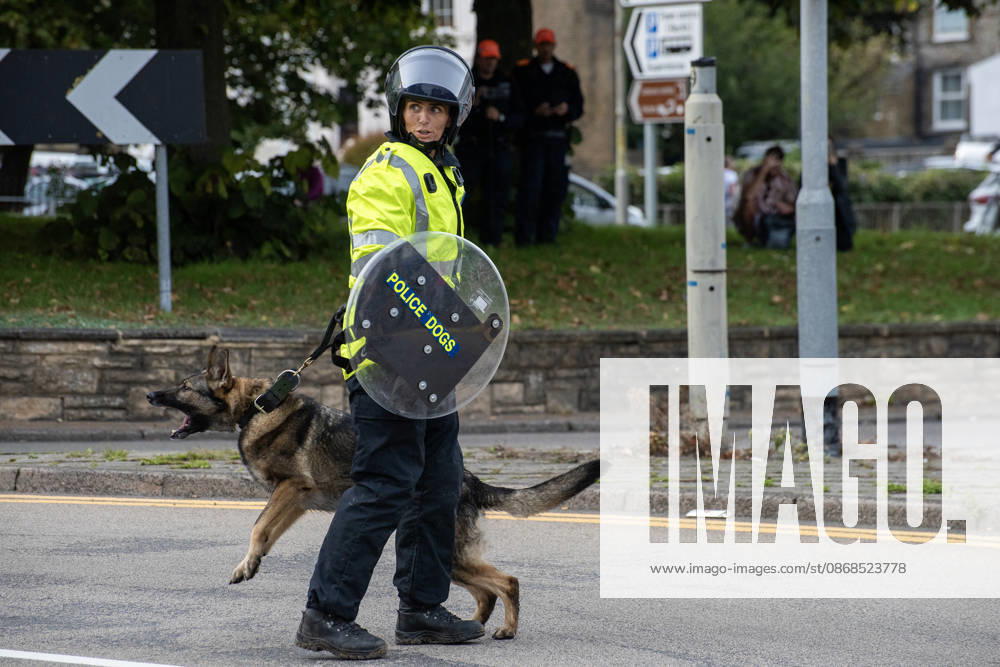 A member of the police dog unit with her German Shepherd during a demonstration in Dover. Supporters of the English Defence League (EDL) gathered in Dover, UK to march through the town all the way to the harbour. English Defence League is an extreme far-right and Islamophobic organisation. It was founded by Tommy Robinson (pseudonym of Steven Yaxley-Lennon) in 2009. Dover United Kingdom - ZUMAs197 20261003_aaa_s197_250