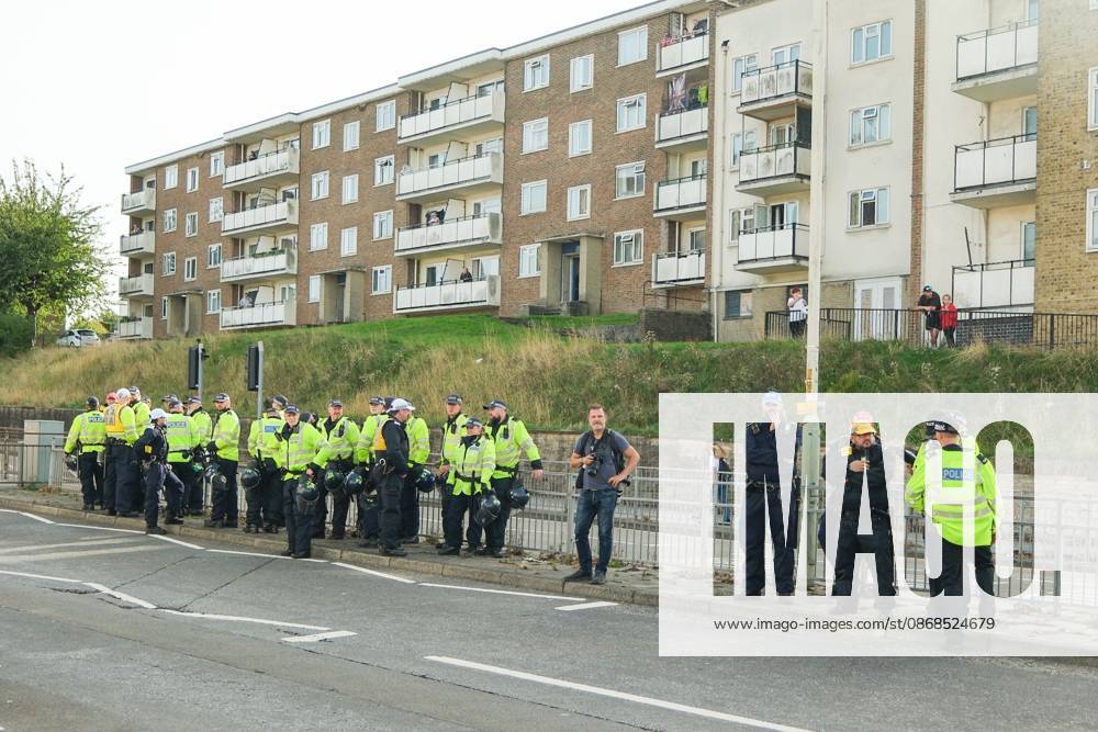 Dover, United Kingdom of Great Britain and Northern Ireland: DOVER, UNITED KINGDOM, OCTOBER 3, 2026: Anti-immigration protesters and anti-racism counter-protesters gather during rival demonstrations in Dover, Kent. Anti-immigration demonstrators carrying Union flags and St George s flags displayed banners calling for deportations and an end to small-boat crossings, while counter-protesters gathered nearby. Police maintained a significant presence between the groups and monitored the demonstrations. Dover United Kingdom of Great Britain and Northern Ireland - ZUMAq101 20261003_zna_q101_207