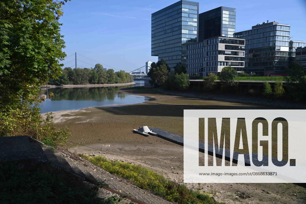Das Niedrigwasser im Duesseldorfer Hafen hat eine grosse Sandbank freigelegt, Steine und Sand am Ufer, Hafenbecken A, auf dem Grund ein Motorboot, Katamaran, Duesseldorf am 05.10.2026,