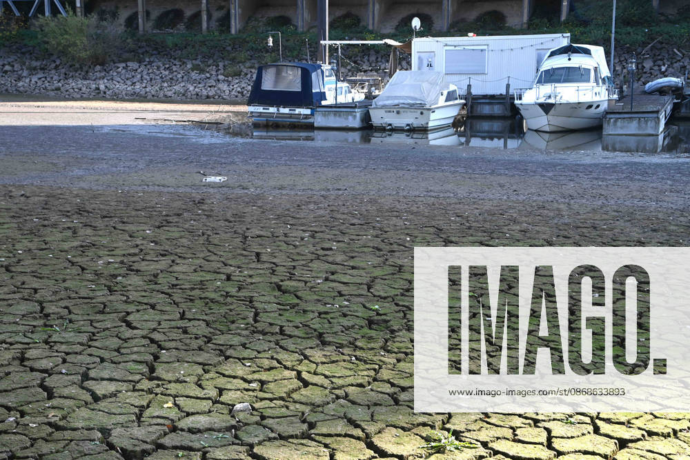 Das Niedrigwasser im Duesseldorfer Hafen hat eine grosse Sandbank freigelegt, Steine und Sand am Ufer, Hafenbecken A, Motorboote und Yachten liegen auf dem Grund, Duesseldorf am 05.10.2026,