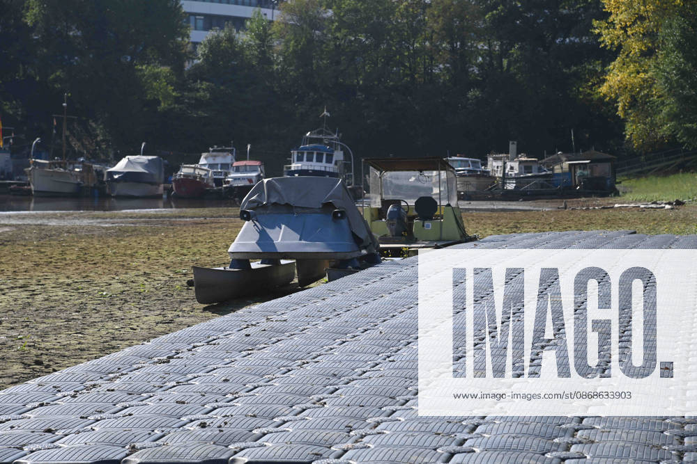 Das Niedrigwasser im Duesseldorfer Hafen hat eine grosse Sandbank freigelegt, Steine und Sand am Ufer, Hafenbecken A, Motorboote und Yachten liegen auf dem Grund, Duesseldorf am 05.10.2026,
