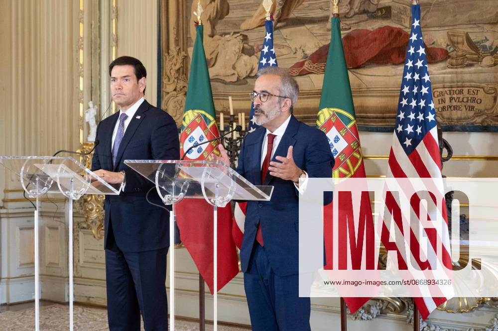 Portuguese Minister of State and Foreign Affairs PAULO RANGEL speaks and gestures at a lectern during a joint press conference with the U.S. secretary of state at Palacio das Necessidades in Lisbon, Portugal, on October 8, 2026. The media appearance follows bilateral talks during the U.S. official s visit to advance defense, economic and technology cooperation. Lisbon Portugal - ZUMAr238 20261008_zip_r238_001