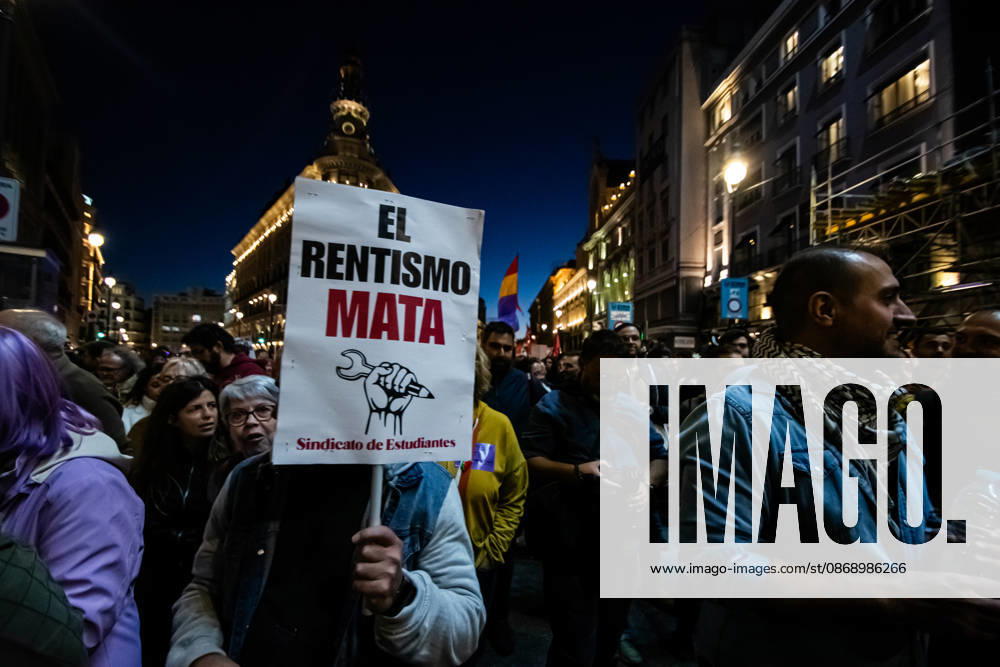 IPA89447752 - MADRID, SPAIN. OCTOBER 8. Thousands of people are taking part in the Hasta Siempre, Maricarmen march, from Puerta del Sol to the home where 87-year-old Maricarmen Abascal lived; she died on October 7 after being hospitalized following her eviction on September 23, in Madrid, Spain, on October 8, 2026. Organized by the Sindicato de Inquilinas of Madrid, the demonstration paid tribute to the woman, who had become a symbol of the struggle for the right to housing amid Spains housing crisis. Participants carried flowers, candles, and protest signs, calling for an end to evictions and greater housing protections.