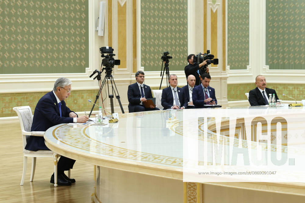 Kazakh President Kassym-Jomart Tokayev, left, and Azerbaijani President Ilham Aliyev sit at the summit table during the Caspian Environmental Summit in the Avaza National Tourist Zone in Turkmenbashi, Turkmenistan, on October 9, 2026. The first Caspian Environmental Summit, chaired by Turkmen President Serdar Berdimuhamedov, brought together the presidents of Azerbaijan, Iran, Kazakhstan and Russia. The leaders adopted a joint decision aimed at strengthening five-party cooperation on falling Caspian Sea levels, while Pezeshkian called for joint scientific research, data sharing, coordinated action and stronger implementation of the Tehran Convention. Turkmenbashi Turkmenistan - ZUMAi98_ 20261009_zih_i98_081