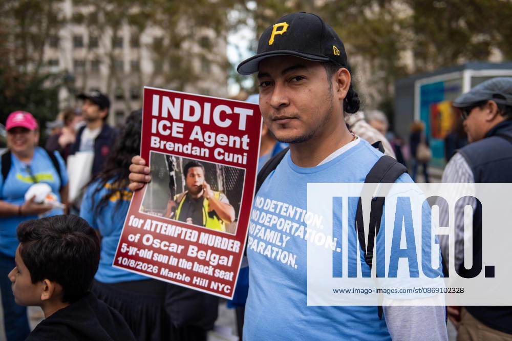 Thousands gathered in Foley Square, New York City and marched through Manhattan to voice their anger at ICE for the shooting of Bronx resident OSCAR BELGAL. New York USA - ZUMAh214 20261009_znp_h214_003