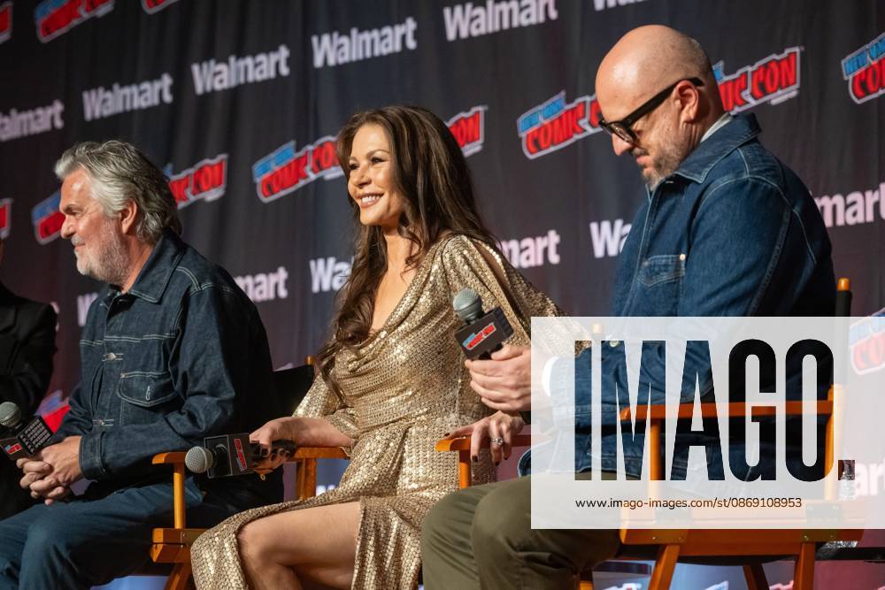 New York Comic Con , New York, USA - 09 Oct (L-R) Tom Butterworth, Catherine Zeta-Jones and Peter Lawson speak at AMC+ Spotlight: Kill Jackie during New York Comic Con 2026 at Jacob Javits Center on October 09, 2026 in New York City. New York United States