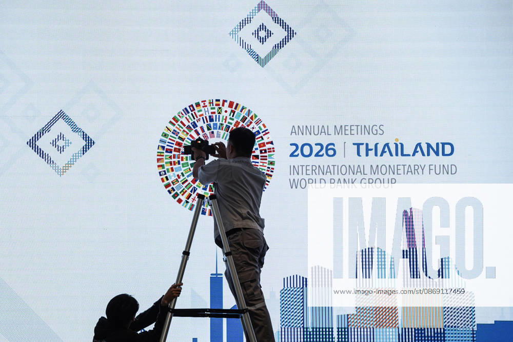 IMF World Bank 2026 Annual Meetings In Bangkok. Thai workers prepare the logo of the annual meetings of the International Monetary Fund (IMF) and the World Bank Group at the Queen Sirikit National Convention Center in Bangkok, Thailand, on October 10, 2026. Bangkok Bangkok Thailand