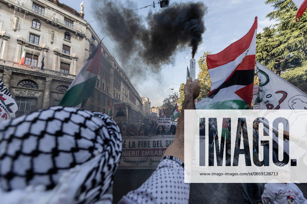 Pro-Palestinian demonstration in Milan MILAN, ITALY - OCTOBER 10: Protestors gather on the 3rd anniversary of the start of the ongoing conflict in Gaza, to show solidarity demonstration with Palestine in Milan, Italy, on October 10, 2026. The protesters are demanding an end to the ongoing war in Gaza and the unhindered entry of humanitarian aid; a halt to the shipment of arms to and from Israel; the cessation of military, economic, and academic cooperation between Italy and Israel; and the withdrawal of Bill 1004. Andrea Carrubba Anadolu Milan Italy. Editorial use only. Please get in touch for any other usage.