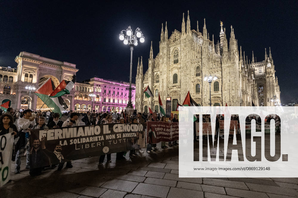 Pro-Palestinian demonstration in Milan MILAN, ITALY - OCTOBER 10: Protestors gather on the 3rd anniversary of the start of the ongoing conflict in Gaza, to show solidarity demonstration with Palestine in Milan, Italy, on October 10, 2026. The protesters are demanding an end to the ongoing war in Gaza and the unhindered entry of humanitarian aid; a halt to the shipment of arms to and from Israel; the cessation of military, economic, and academic cooperation between Italy and Israel; and the withdrawal of Bill 1004. Andrea Carrubba Anadolu Milan Italy. Editorial use only. Please get in touch for any other usage.