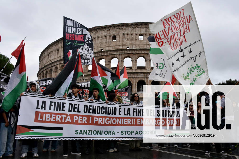 Thousands rally across Italy in support of Palestine ROME, ITALY - OCTOBER 10: Thousands of demonstrators take to the streets to show solidarity with Palestinians and call for an end to the war in Gaza, on October 10, 2026, in Rome, Italy. Demonstrators carrying Palestinian flags march from the Colosseum to Sapienza University despite rainy weather, holding a banner. Baris Seckin Anadolu Rome Italy. Editorial use only. Please get in touch for any other usage.