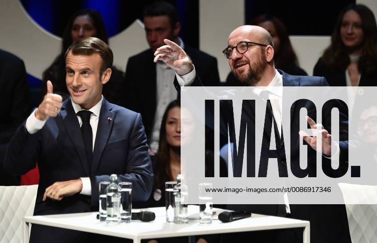 President of France Emmanuel Macron and Belgian Prime Minister Charles Michel pictured during a lecture at the Louvain-La-Neuve university on the second day of the state visit of the French President to Belgium, Tuesday 20 November 2018. ERICxLALMAND 05473354