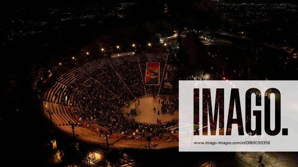 ATHENS, GREECE, OCTOBER 10, 2026: Thousands of people attend a Palestine solidarity festival organized by March to Gaza Greece at the Lycabettus Theatre in Athens. The event included discussions on Palestine, live connections with participants in Gaza and the West Bank, cultural exhibits and live music performances. Athens Greece - ZUMAq101 20261010_zna_q101_484
