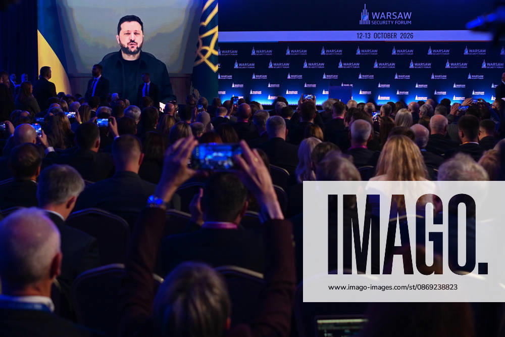 Warsaw Security Forum 2026 kicks off in Poland WARSAW, POLAND - OCTOBER 12: Ukrainian President Volodymyr Zelenskyy addresses attendees remotely during the opening conversation session on the first day of the Warsaw Security Forum 2026 (WSF2026) in Warsaw, Poland, on October 12, 2026. The annual security summit focuses on strategies for European defense cooperation and continued resistance to the Russian invasion of Ukraine. Artur Widak Anadolu Warsaw Poland. Editorial use only. Please get in touch for any other usage.