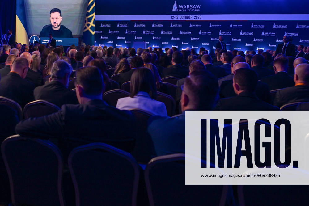 Warsaw Security Forum 2026 kicks off in Poland WARSAW, POLAND - OCTOBER 12: Ukrainian President Volodymyr Zelenskyy addresses attendees remotely during the opening conversation session on the first day of the Warsaw Security Forum 2026 (WSF2026) in Warsaw, Poland, on October 12, 2026. The annual security summit focuses on strategies for European defense cooperation and continued resistance to the Russian invasion of Ukraine. Artur Widak Anadolu Warsaw Poland. Editorial use only. Please get in touch for any other usage.