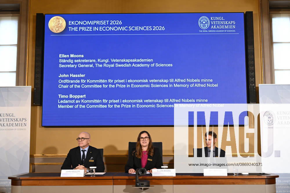John Hassler, Chair of the Committee for the Prize in Economic Sciences in Memory of Alfred Nobel; Ellen Moons, Permanent Secretary of the Royal Swedish Academy of Sciences; and Timo Boppart, member of the Committee for the Pri