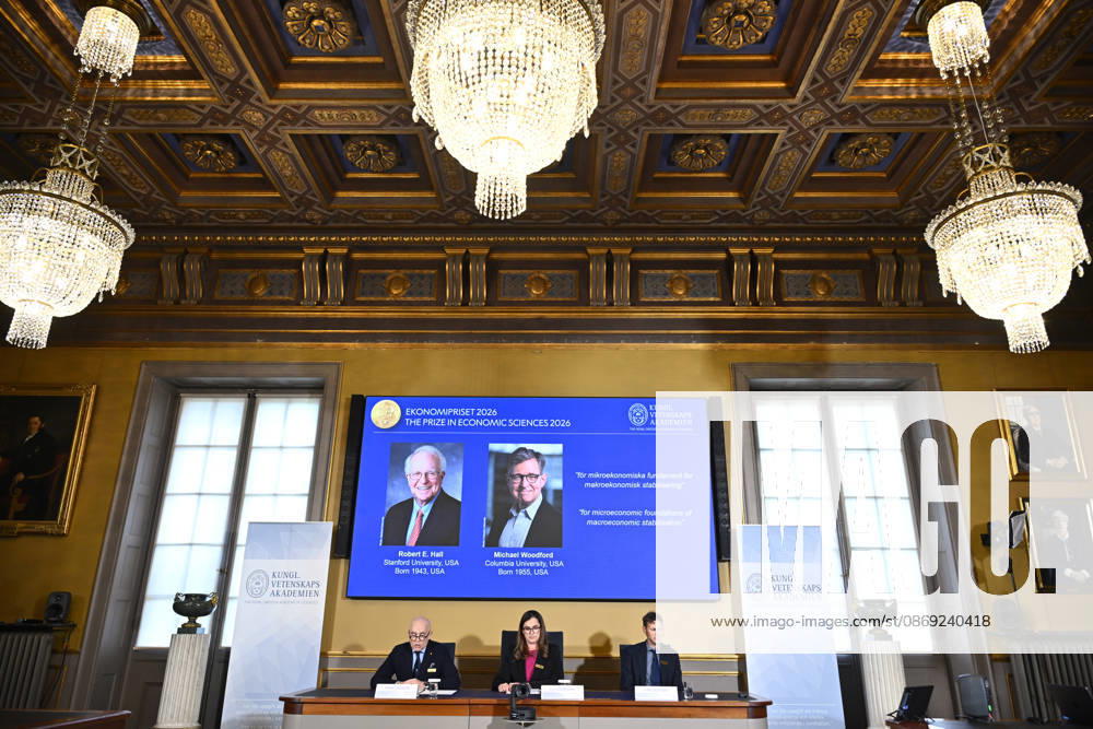Robert E. Hall and Michael Woodford are announced as the laureates of the Sveriges Riksbank Prize in Economic Sciences in Memory of Alfred Nobel at the Royal Swedish Academy of Sciences in Stockholm, Sweden, on October 12, 2026 STOCKHOLM SWEDEN