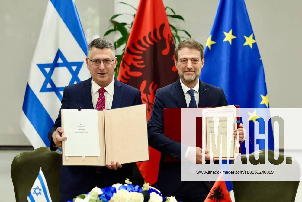 Ferit Hoxha - Gideon Sa ar meeting in Tirana TIRANA, ALBANIA - OCTOBER 12: (---- – MANDATORY CREDIT - ALBANIAN FOREIGN MINISTRY HANDOUT - NO MARKETING NO ADVERTISING CAMPAIGNS - DISTRIBUTED AS A SERVICE TO CLIENTS----) Albanian Minister for Europe and Foreign Affairs Ferit Hoxha (R) meets with Israeli Foreign Minister Gideon Sa ar (L), in Tirana, Albania, on October 12, 2026. During the meeting, Hoxha and Sa ar signed a General Cooperation Agreement aimed at strengthening the partnership between the two countries. Albanian Foreign Ministry Handout Anadolu Tirana Albania. Editorial use only. Please get in touch for any other usage.