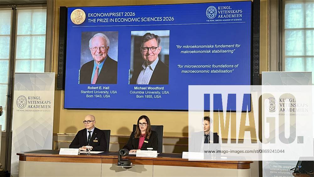 US economists Hall and Woodford win 2026 Nobel Prize for Economics STOCKHOLM, SWEDEN - OCTOBER 12: Officials announce the winners of the 2026 Nobel Prize in Economic Sciences during a press conference at the Royal Swedish Academy of Sciences in Stockholm, Sweden, on October 12, 2026. US economists Robert E. Hall and Michael Woodford are awarded the prize for their work on the microeconomic foundations of macroeconomic stabilisation . Atila Altuntas Anadolu Stockholm Sweden. Editorial use only. Please get in touch for any other usage.