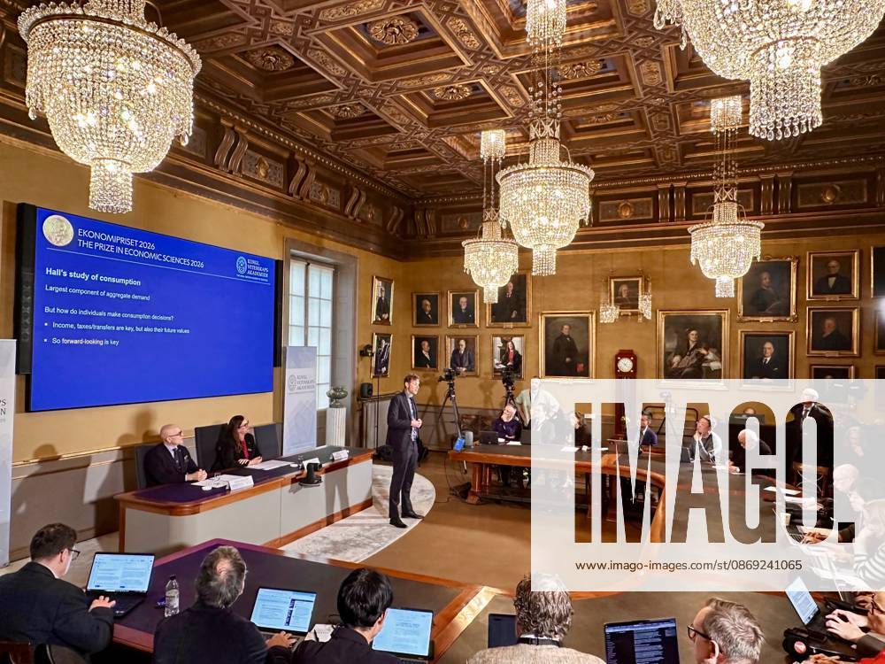 US economists Hall and Woodford win 2026 Nobel Prize for Economics STOCKHOLM, SWEDEN - OCTOBER 12: Officials announce the winners of the 2026 Nobel Prize in Economic Sciences during a press conference at the Royal Swedish Academy of Sciences in Stockholm, Sweden, on October 12, 2026. US economists Robert E. Hall and Michael Woodford are awarded the prize for their work on the microeconomic foundations of macroeconomic stabilisation . Atila Altuntas Anadolu Stockholm Sweden. Editorial use only. Please get in touch for any other usage.