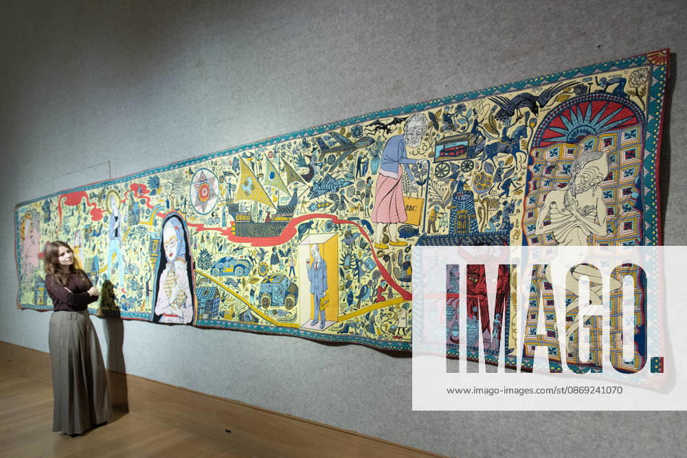 Bonhams 20th 21st Century Art Day Evening Sales Highlights Photocall - Bonhams, London, UK - 12 October, 2026 A staff member views The Walthamstow Tapestry by Grayson Perry (est. £70k - £100k) as part of Bonhams 20th 21st Century Art Day Evening Sales which is to go on auction from 15th - 16th October 2026 at Bonhams in London, England, UK on Monday 12 October, 2026., Credit:Justin Ng Avalon UK, England, London, Bonhams