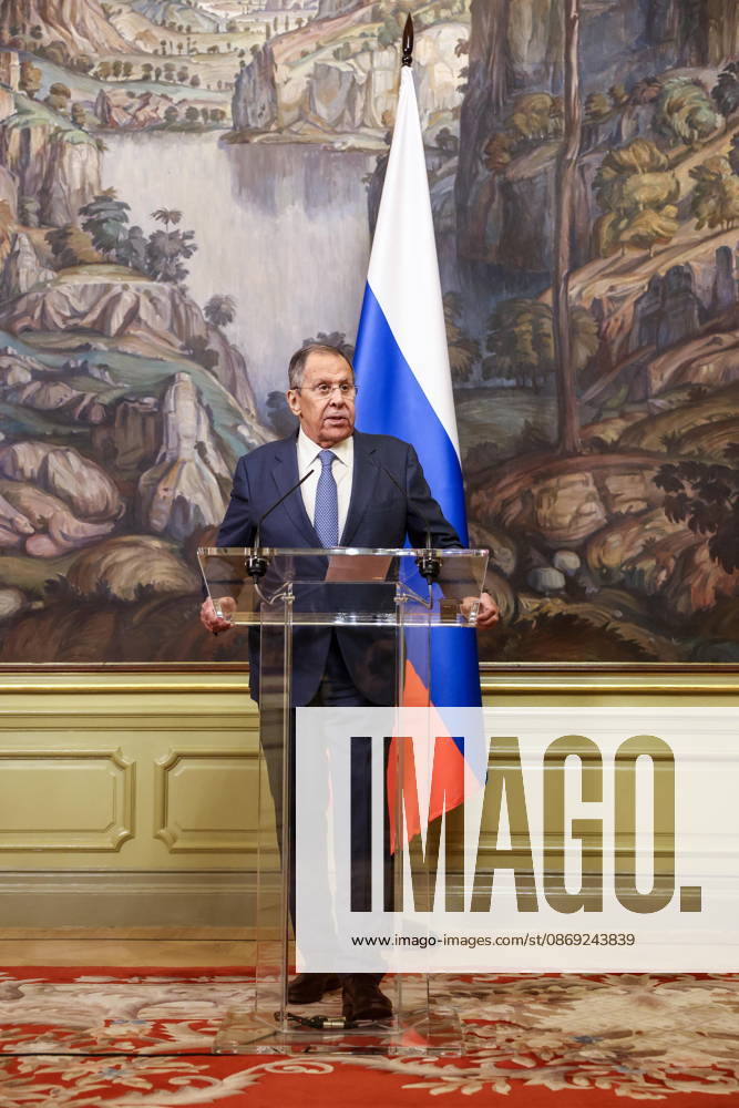 RUSSIA, MOSCOW - OCTOBER 12, 2026: Sergei Lavrov, Russia s Foreign Minister, gives a press conference following a meeting with Youssef Rajji, Lebanon s Minister of Foreign Affairs and Emigrants, at the Reception House of the Foreign Ministry Moscow Russia - ZUMAt113 20261012_zaa_t113_173