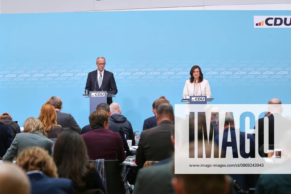 Berlin, Deutschland, 12.10.2026: Konrad-Adenauer-Haus: Pressekonferenz in der CDU-Bundesgeschäftsstelle nach Bundesvorstandssitzung: Bundeskanzler Friedrich Merz (CDU) und CDU-Generalsekretärin Franziska Hoppermann