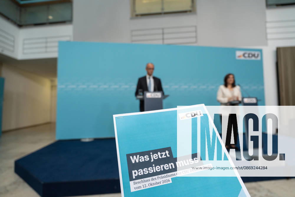 Bundeskanzler Friedrich Merz bei der Abschlusspressekonferenz, mit Franziska Hoppermann, Generalsekretärin;Präsidiumsklausurtagung der CDU Deutschlands in Berlin, Oktober 2026, Berlin Berlin Deutschland Konrad-Adenauer-Haus