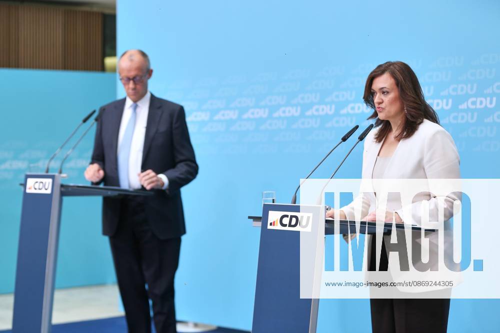 Berlin, Deutschland, 12.10.2026: Konrad-Adenauer-Haus: Pressekonferenz in der CDU-Bundesgeschäftsstelle nach Bundesvorstandssitzung: Bundeskanzler Friedrich Merz (CDU) und CDU-Generalsekretärin Franziska Hoppermann