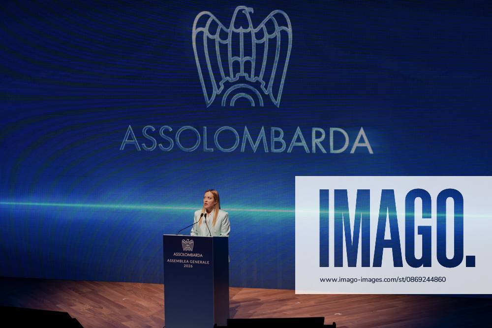 Italian PM Meloni addresses Assolombarda in Milan MILAN, ITALY, OCTOBER 12, 2026: Italian Prime Minister Giorgia Meloni addresses an audience of Lombard entrepreneurs during the Assolombarda general assembly at the Teatro Dal Verme in Milan, focusing on industrial competitiveness, energy costs, and economic growth strategies. Milan Italy