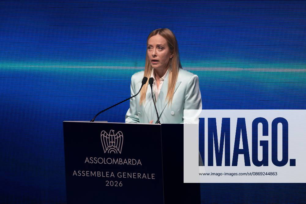 Italian PM Meloni addresses Assolombarda in Milan MILAN, ITALY, OCTOBER 12, 2026: Italian Prime Minister Giorgia Meloni addresses an audience of Lombard entrepreneurs during the Assolombarda general assembly at the Teatro Dal Verme in Milan, focusing on industrial competitiveness, energy costs, and economic growth strategies. Milan Italy