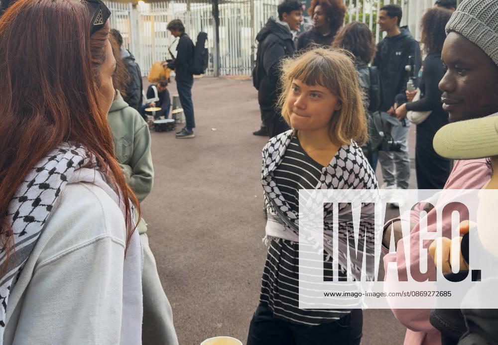 Greta Thunberg During Student Protest - Saint-Denis Videograbs - Swedish activist Greta Thunberg looks on as she arrives to take part in a blockade at the Lycee Paul Eluard in Saint-Denis, on the outskirts of Paris on October 13, 2026, as part of a nationwide student mobilisation. France sees nationwide demonstrations on October 13 in support of students protesting poor classroom conditions for weeks, as authorities and participants remain wary of further violence. Photo by CLPRESS ABACAPRESS.COM Paris France