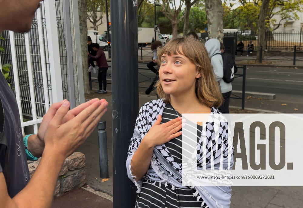 Greta Thunberg During Student Protest - Saint-Denis Videograbs - Swedish activist Greta Thunberg looks on as she arrives to take part in a blockade at the Lycee Paul Eluard in Saint-Denis, on the outskirts of Paris on October 13, 2026, as part of a nationwide student mobilisation. France sees nationwide demonstrations on October 13 in support of students protesting poor classroom conditions for weeks, as authorities and participants remain wary of further violence. Photo by CLPRESS ABACAPRESS.COM Paris France