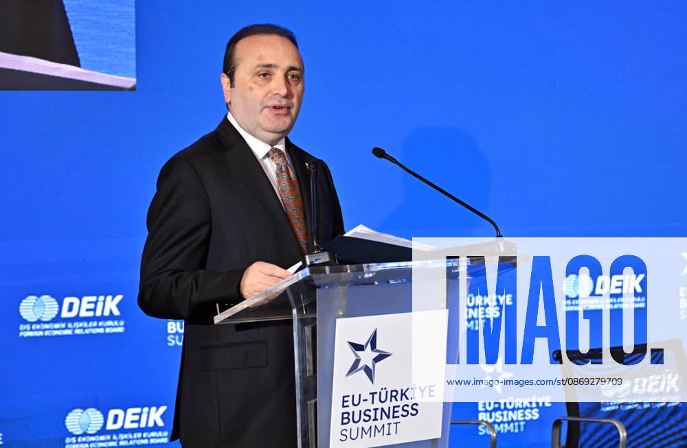 EU-Turkiye Business Summit kicks off in Brussels BRUSSELS, BELGIUM - OCTOBER 13: Turkish Deputy Minister of Trade Mustafa Tuzcu delivers a speech during a session titled Redefining EU-Turkiye Cooperation in an Uncertain World at Egmont Palace in Brussels, Belgium, on October 13, 2026. The session is held as part of the EU-Turkiye Business Summit, organized in cooperation with the Foreign Economic Relations Board of Turkiye (DEIK) and the European Business Summit (EBS). Dursun Aydemir Anadolu Brussels Belgium. Editorial use only. Please get in touch for any other usage.