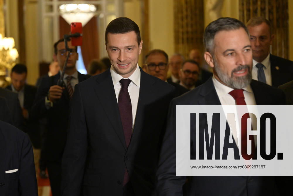 Vox leader Abascal and RN chief Bardella attend Forum Europa in Madrid MADRID, SPAIN - OCTOBER 13: Leader of Spain s far-right Vox party Santiago Abascal (R) and President of France s far-right National Rally (Rassemblement National - RN) party Jordan Bardella (L) attend the Forum Europa session in Madrid, Spain, on October 13, 2026. Burak Akbulut Anadolu Madrid Spain. Editorial use only. Please get in touch for any other usage.