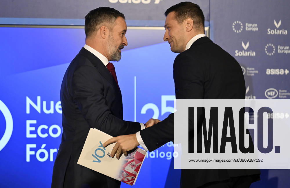 Vox leader Abascal and RN chief Bardella attend Forum Europa in Madrid MADRID, SPAIN - OCTOBER 13: Leader of Spain s far-right Vox party Santiago Abascal (L) and President of France s far-right National Rally (Rassemblement National - RN) party Jordan Bardella (R) attend the Forum Europa session in Madrid, Spain, on October 13, 2026. Burak Akbulut Anadolu Madrid Spain. Editorial use only. Please get in touch for any other usage.