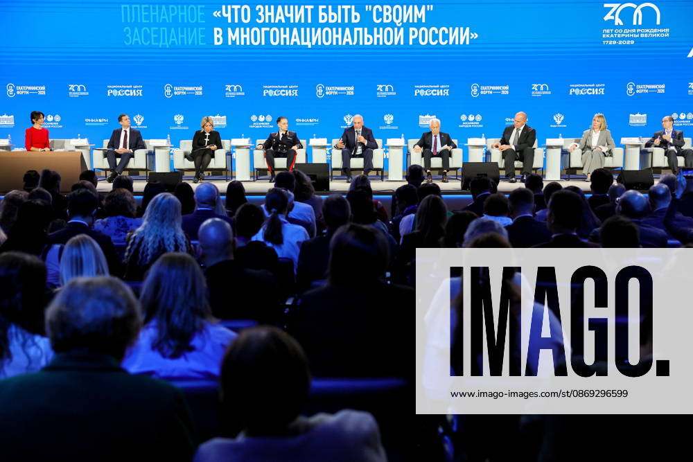 RUSSIA, MOSCOW - OCTOBER 13, 2026: Andrei Yemelyanov, Deputy Head of the Russian Federal Agency for the CIS, Compatriots Abroad, and International Humanitarian Cooperation (Rossotrudnichestvo), Maria Zakharova, Press Secretary of the Russian Foreign Ministry, Konstantin Bukreyev, First Deputy Head of the Nitizenship and Foreign Citizens Registration Service under the Russian Interior Ministry, Magomedsalam Magomedov, Deputy Chief of Staff, Russian Presidential Executive Office, Vladimir Vasilyev, Vice Speaker of the Russian State Duma, Alexander Karelin of the Foreign Affairs Committee, Russian Federation Council, Irina Korotkova, Inconsult K CEO, and Ruslan Gagkuyev (L-R), Board Chairman of the Russian Historical Society, Executive Direct - ZUMAt113 20261013_zaa_t113_256