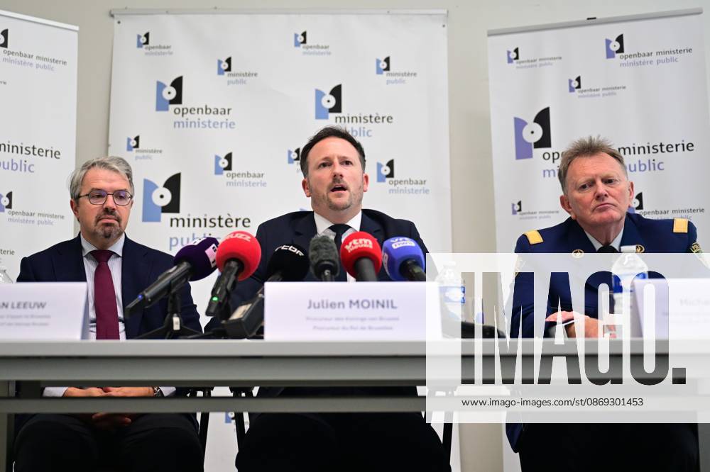 Belgian federal prosecutor Frederic Van Leeuw ; Brussels King s Prosecutor Julien Moinil and Chief of Police for the Brussels-Capital Ixelles Police District Michel Goovaerts pictured during a press conference of the Brussels Public Prosecutor regarding two incidents, on Tuesday 13 October 2026, in Brussels. A police officer with the Anti-Assault Brigade died last night in Jette during a response to a call and one person died in a shooting in Ixelles. DIRKxWAEM 189656385